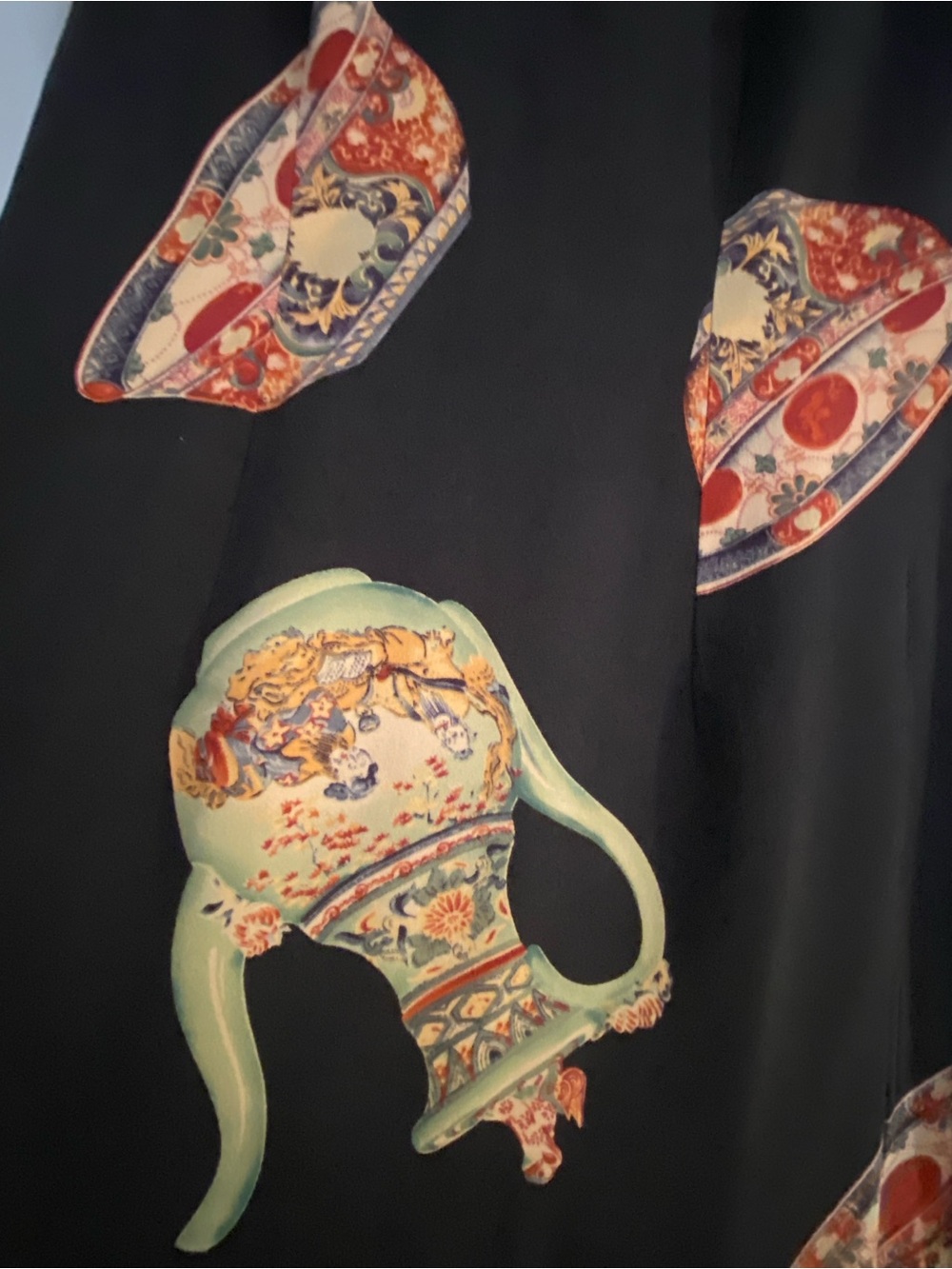 Black 100% Pure Silk Tea Pot Print Midi Dress with Mandarin Collar - Picture 8 of 12